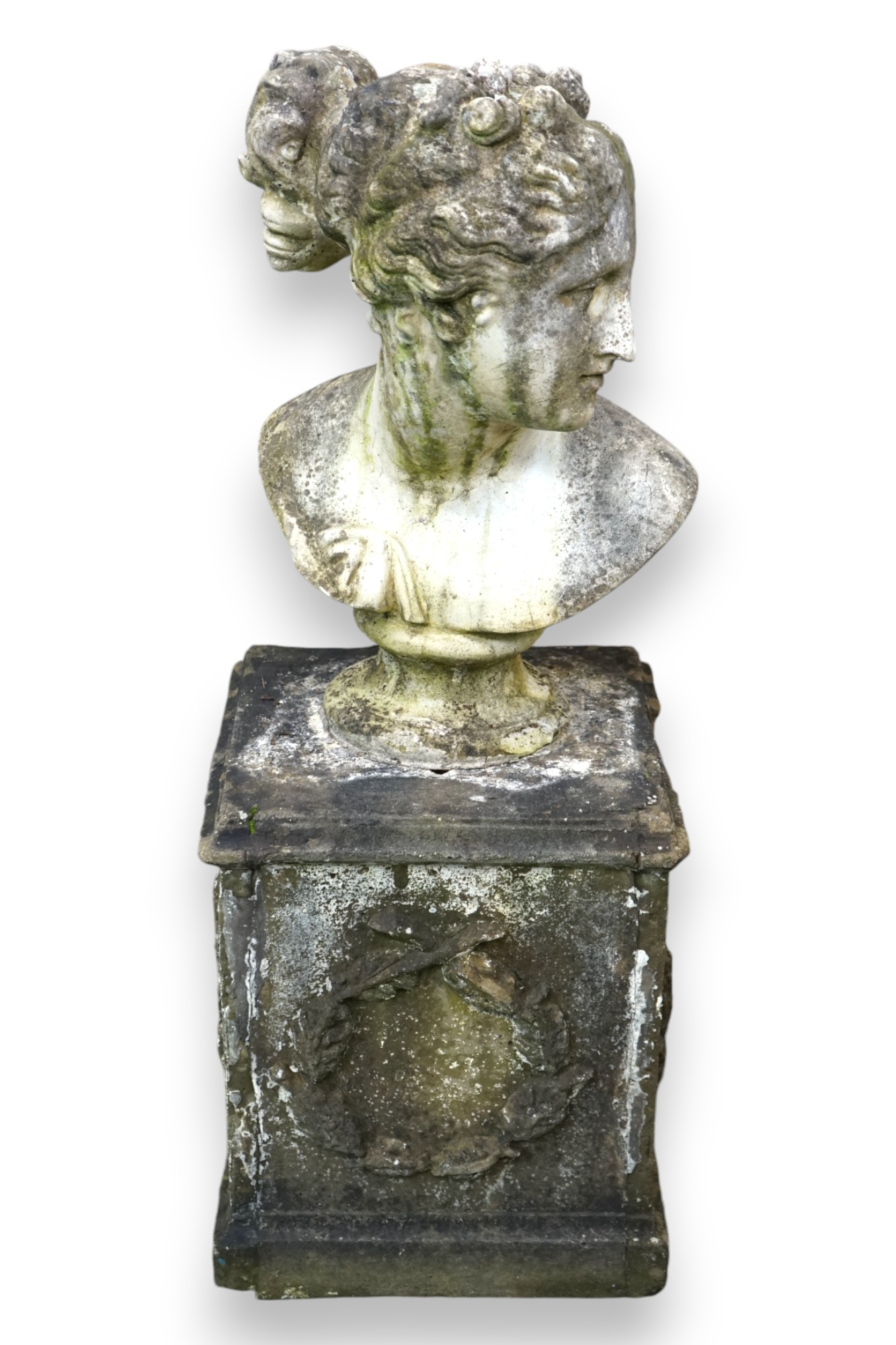 A reconstituted stone bust of Venus, on square pedestal